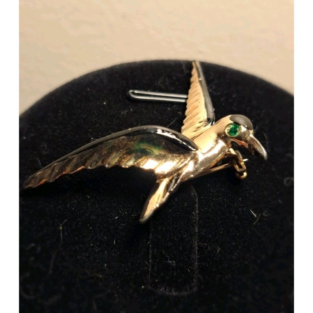 Vintage Gold Tone Pin Brooch Hummingbird Bird Green Glass Art Deco Unsigned
